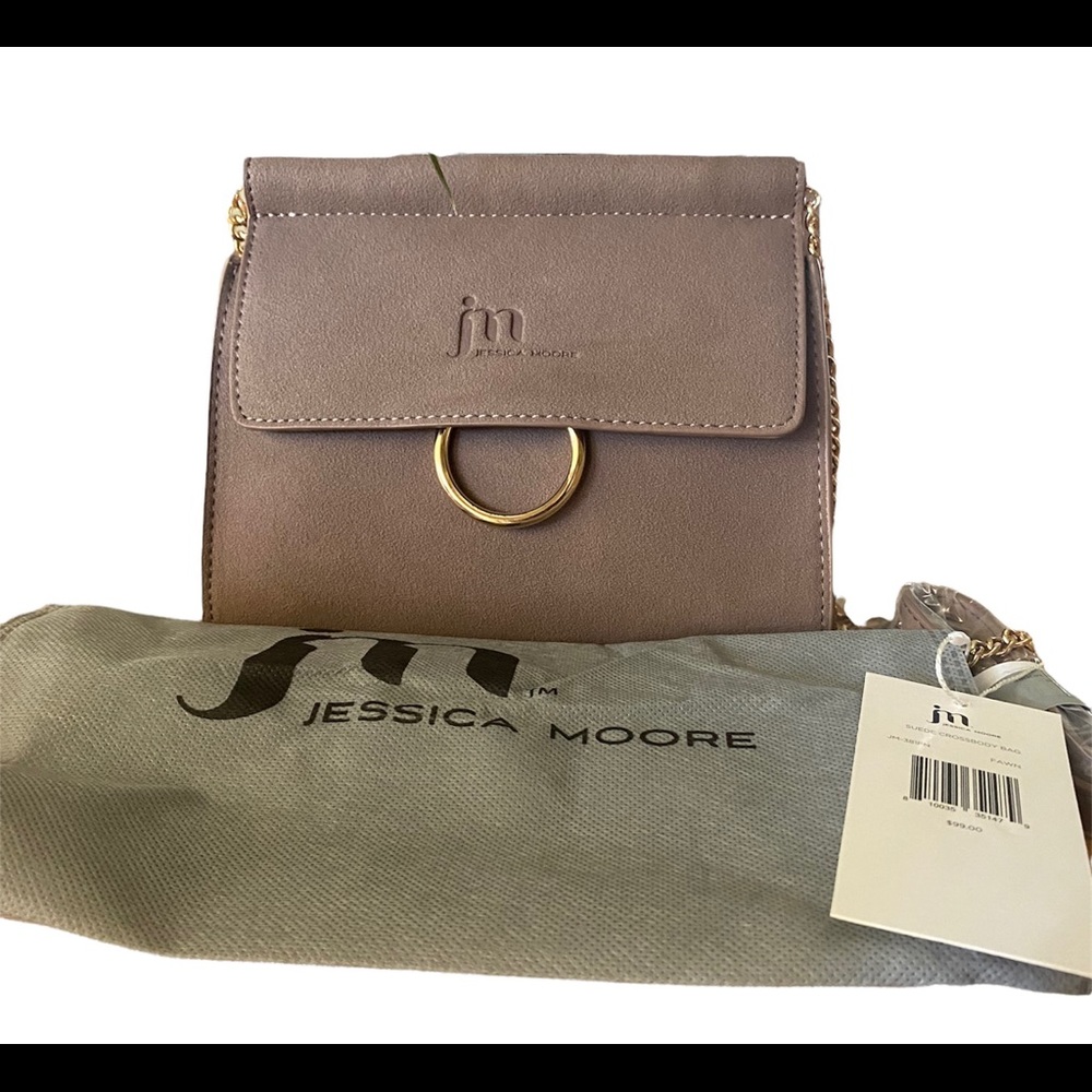 Jessica Moore suede crossbody bag, with gold chain strap. NWT